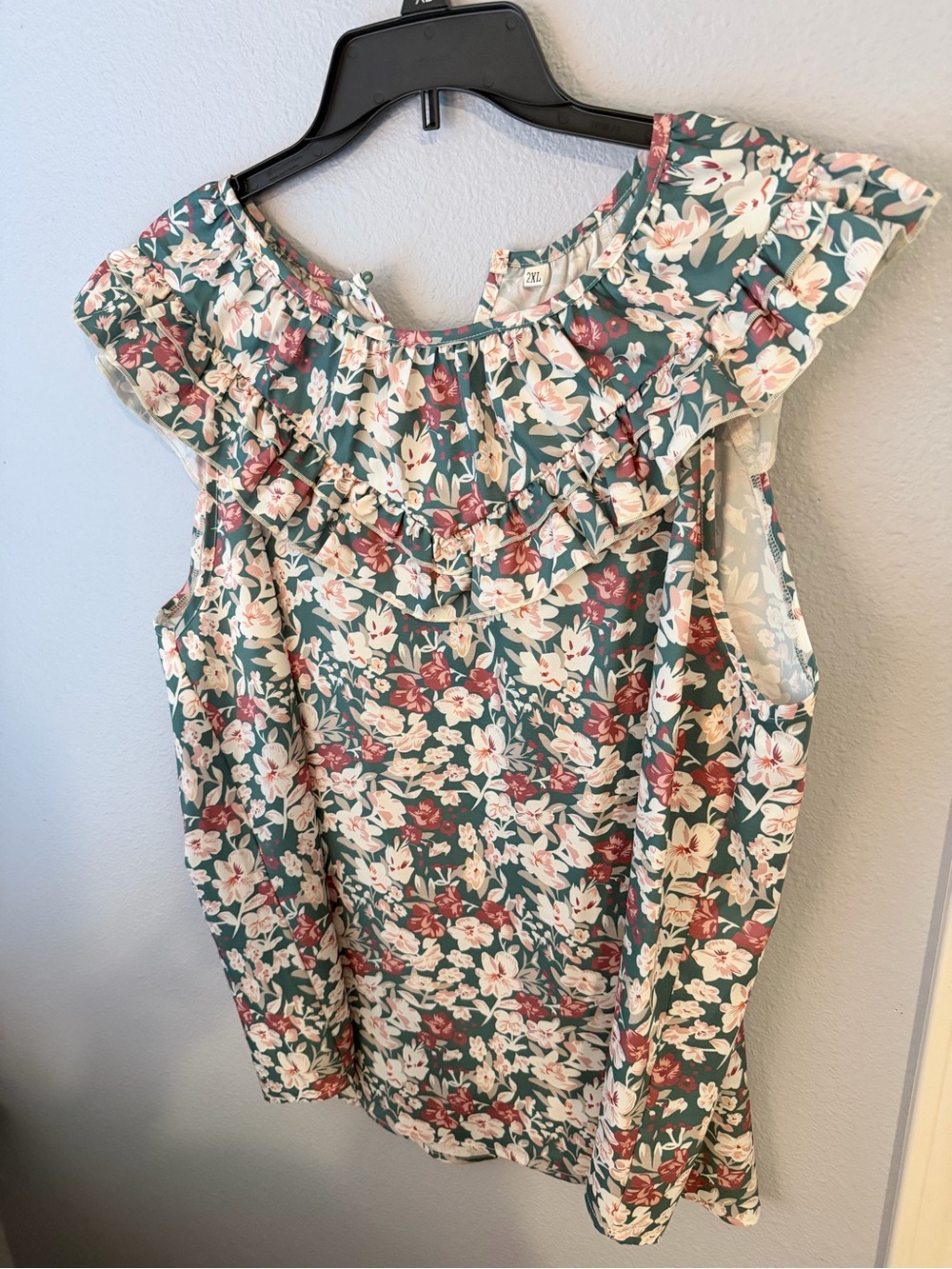 Floral Ruffle Neck Sleeveless Top - Teal & Cream